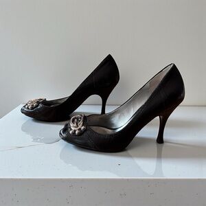 Guess by Marciano, Black Peep-Toe Heels with Silver Logo, Size 6.5M